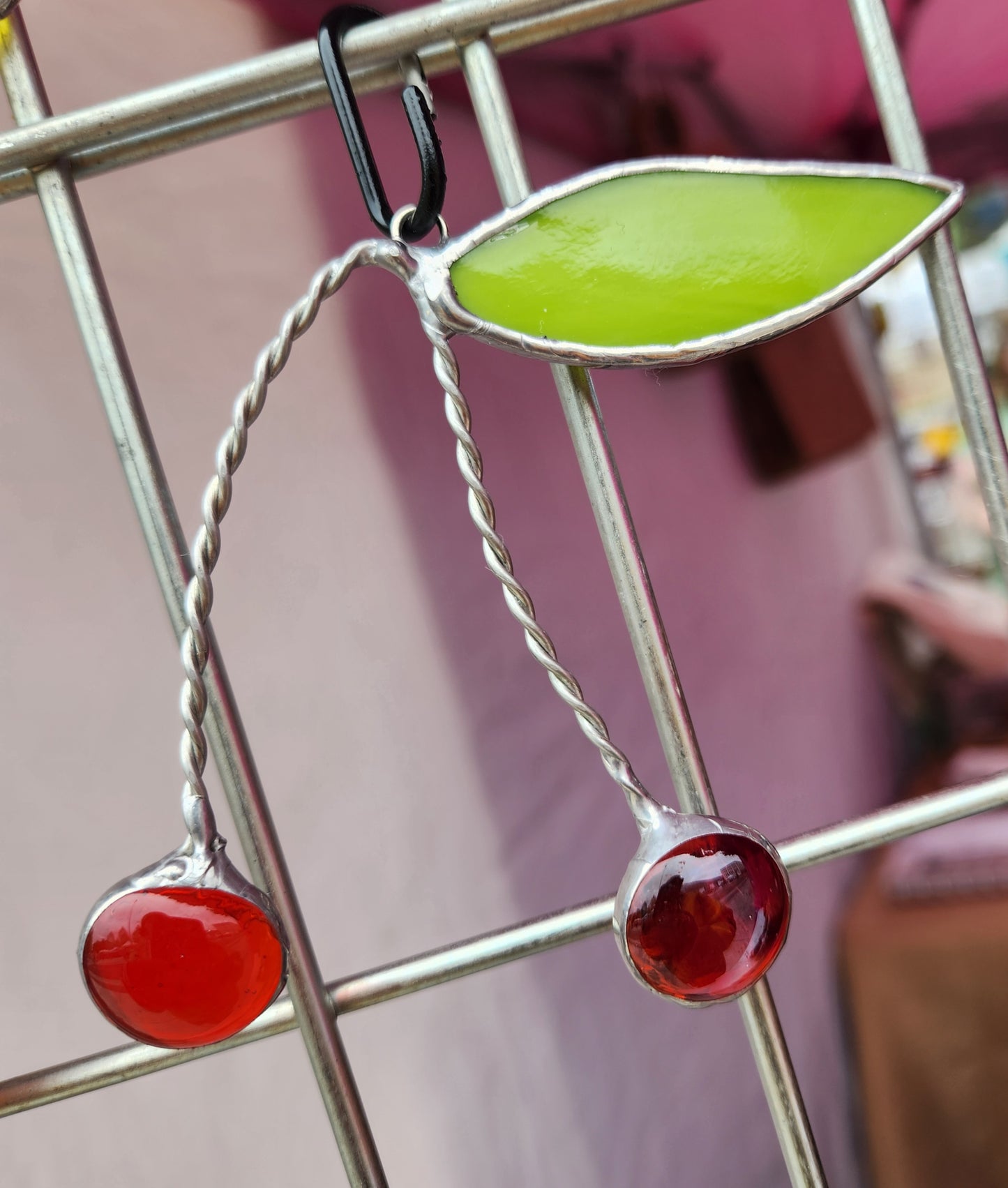 Cherries Made from Nugget Glass with Neon Green Stained Glass Leaf