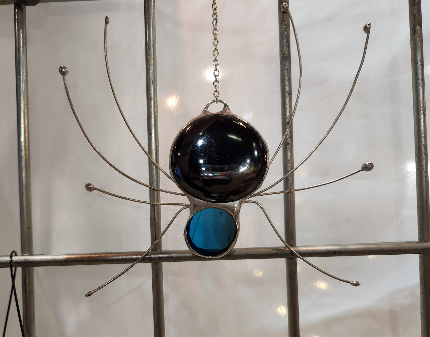 Caribbean Blue-Green Stained Glass Spiderweb with Hanging Spider