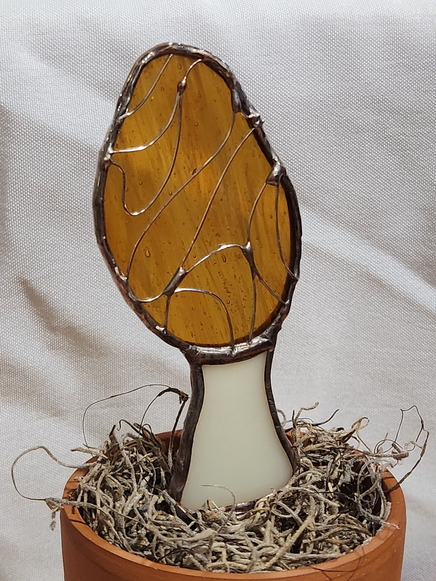 Life-Sized Morel Mushroom Stained Glass Plant Stake - Cooper Patina