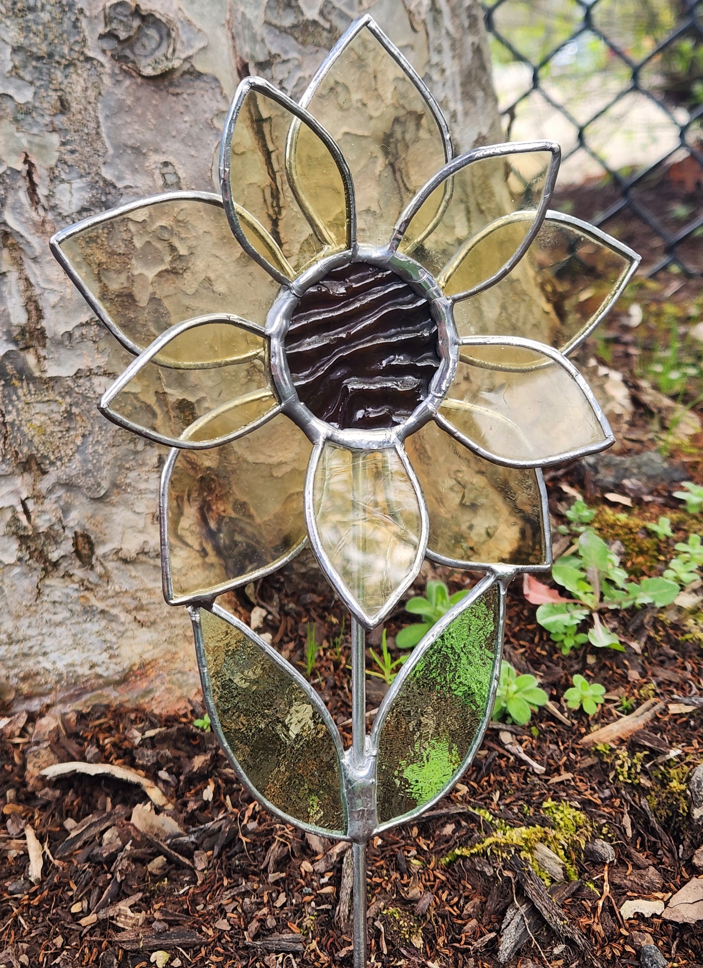 Antique Soft Yellow Stained Glass Sunflower Plant Stake with Texture Brown Center