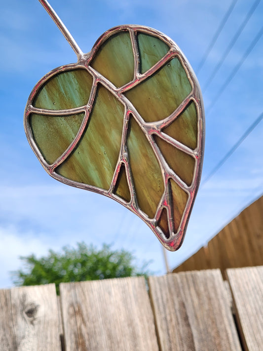 Light Teal-Green Stained Glass Elven Leaf Plant Stake