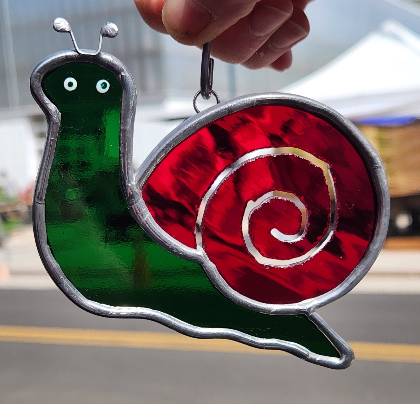 Green & Red Waterglass Stained Glass Hanging Snail