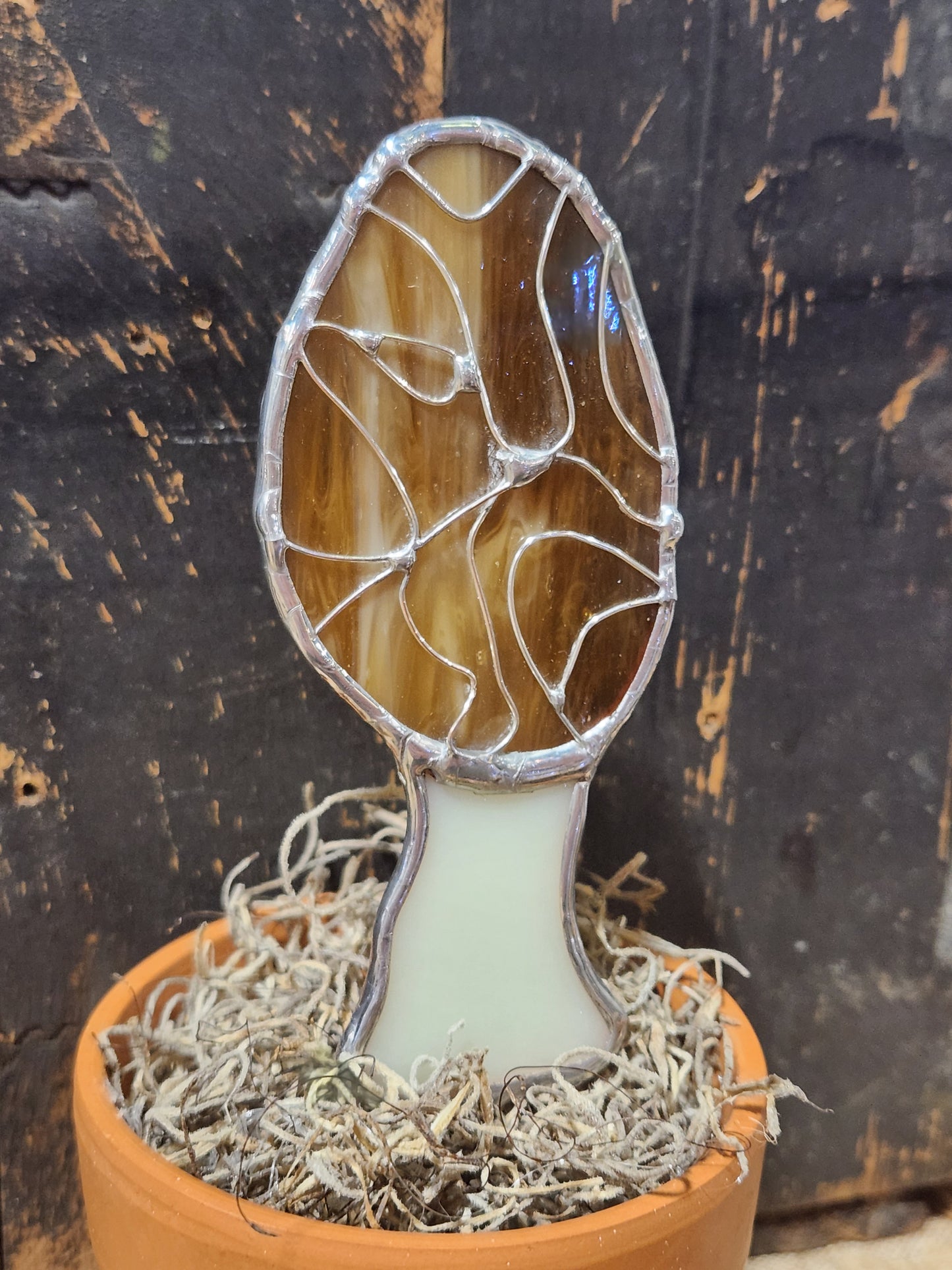 Life-Sized Morel Mushroom Stained Glass Plant Stake