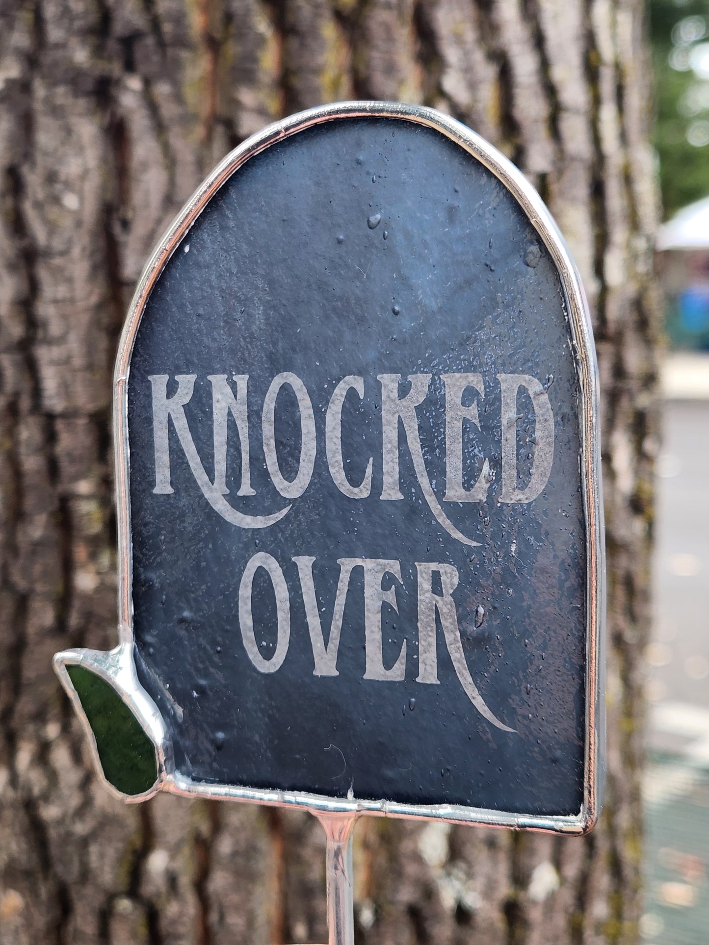 Gray "Knocked Over" Headstone Stained Glass Plant Stake