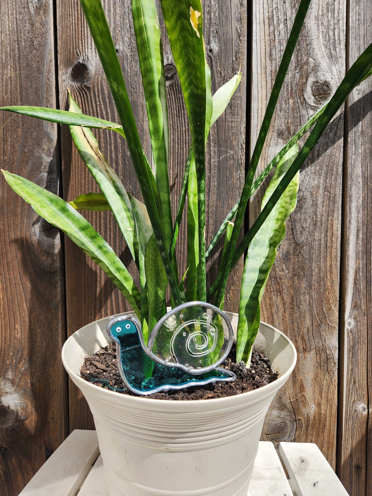 Teal & Iridescent Frit Stained Glass Snail Plant Stake