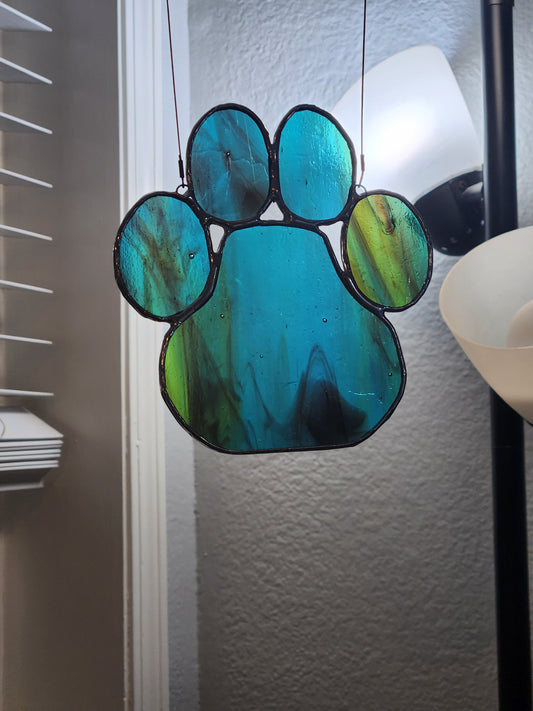 Green & Blue Streaky Stained Glass Paw Print