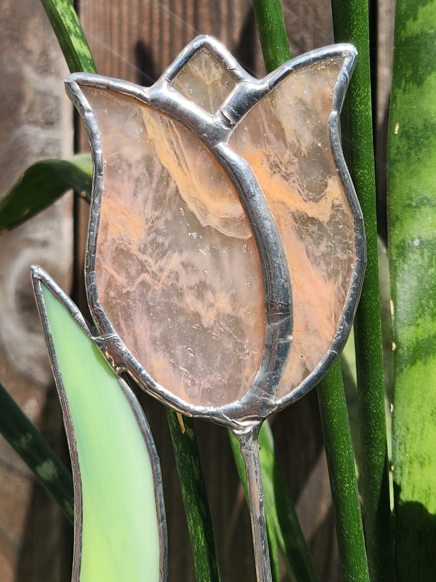 Peach-White Streaky Tulip with Green Streaky Leaf Stained Glass Plant Stake