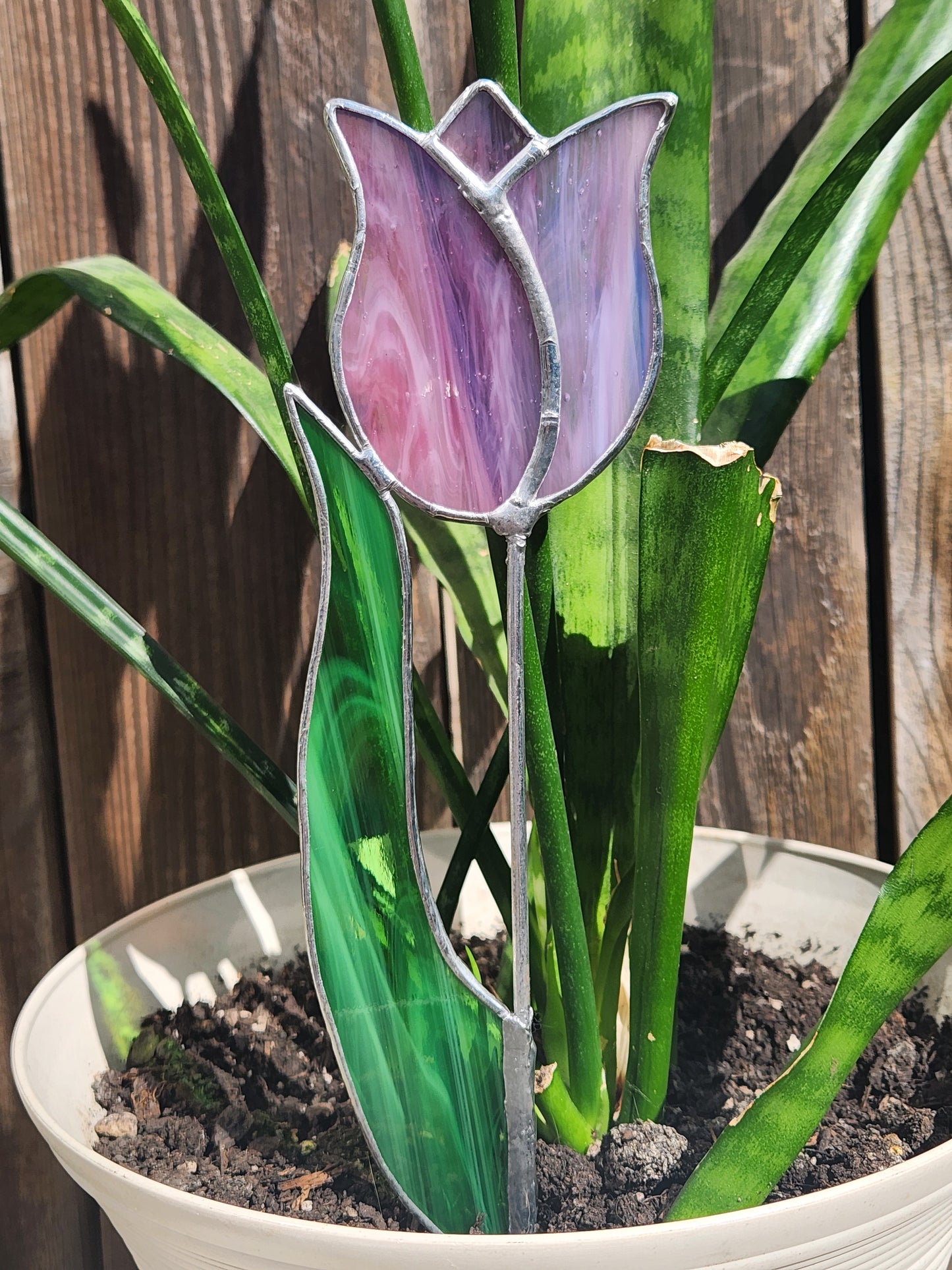 Pink-Purple Streaky Tulip with Green Streaky Leaf Stained Glass Plant Stake