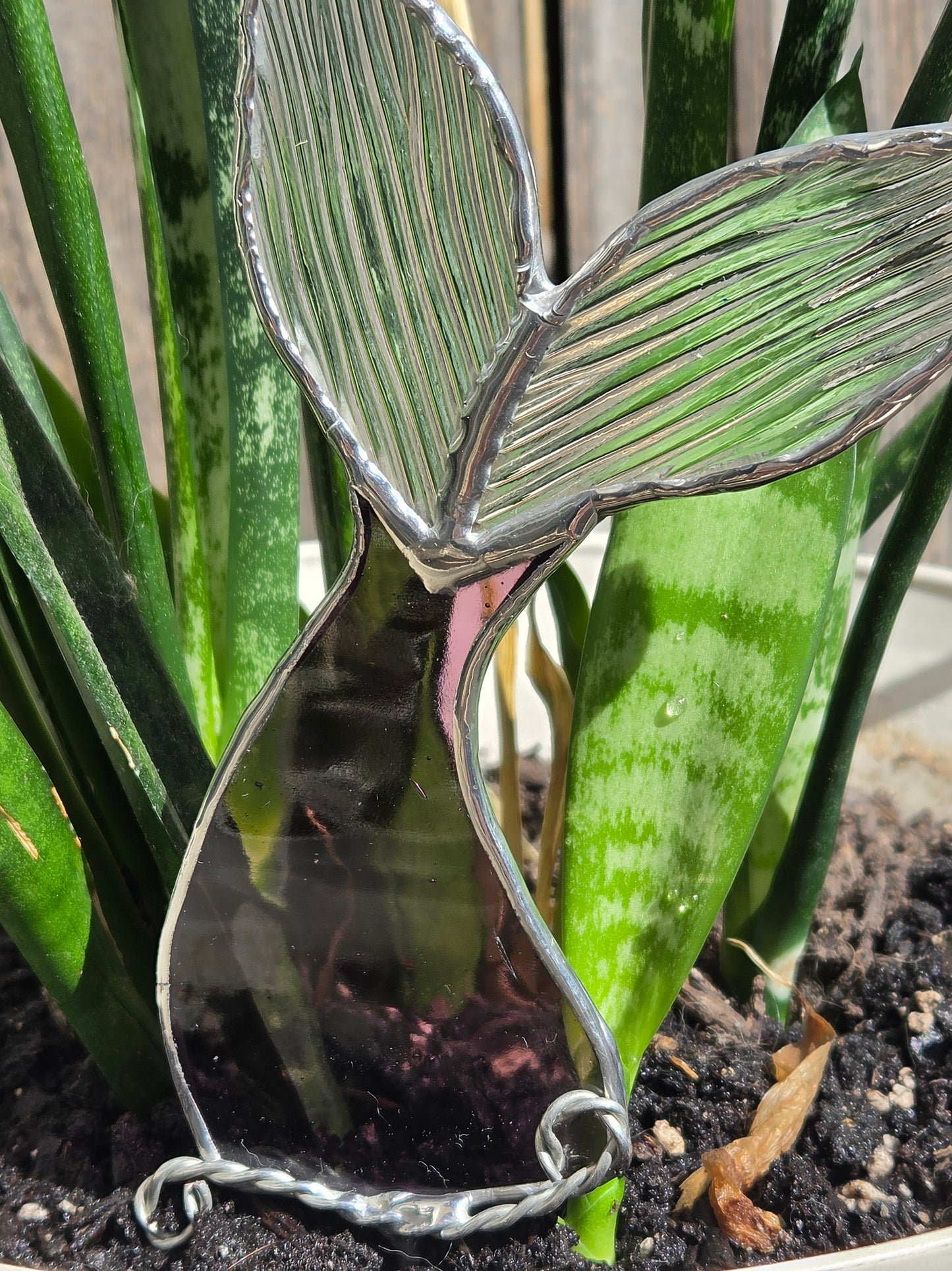 Deep Purple & Clear Reeded Stained Glass Mermaid Tail Plant Stake