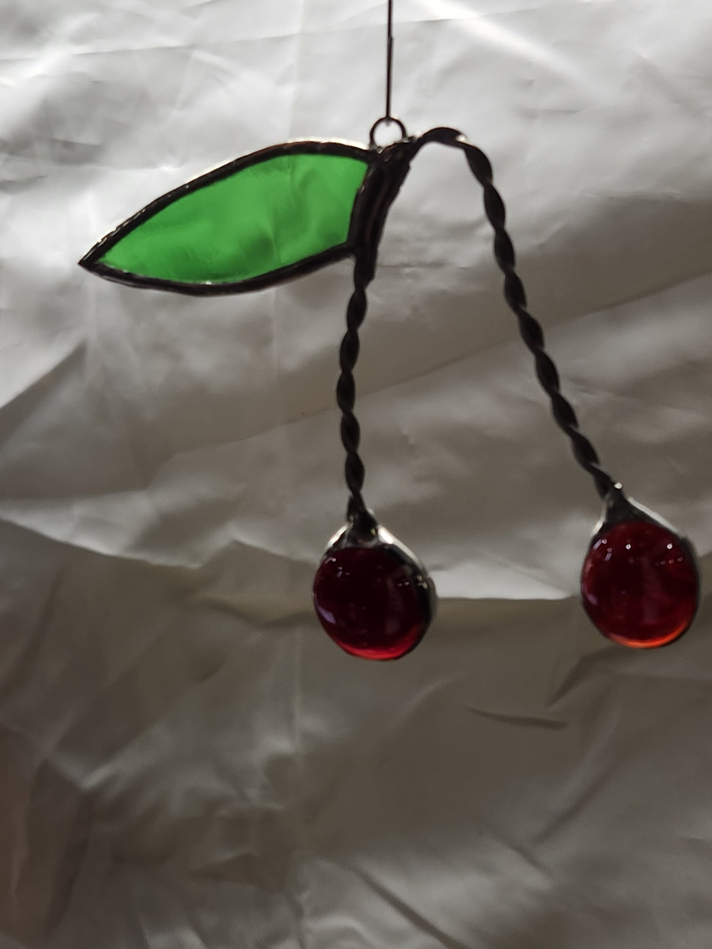 Cherry Nugget Glass with Green Textured Leaf Stained Glass