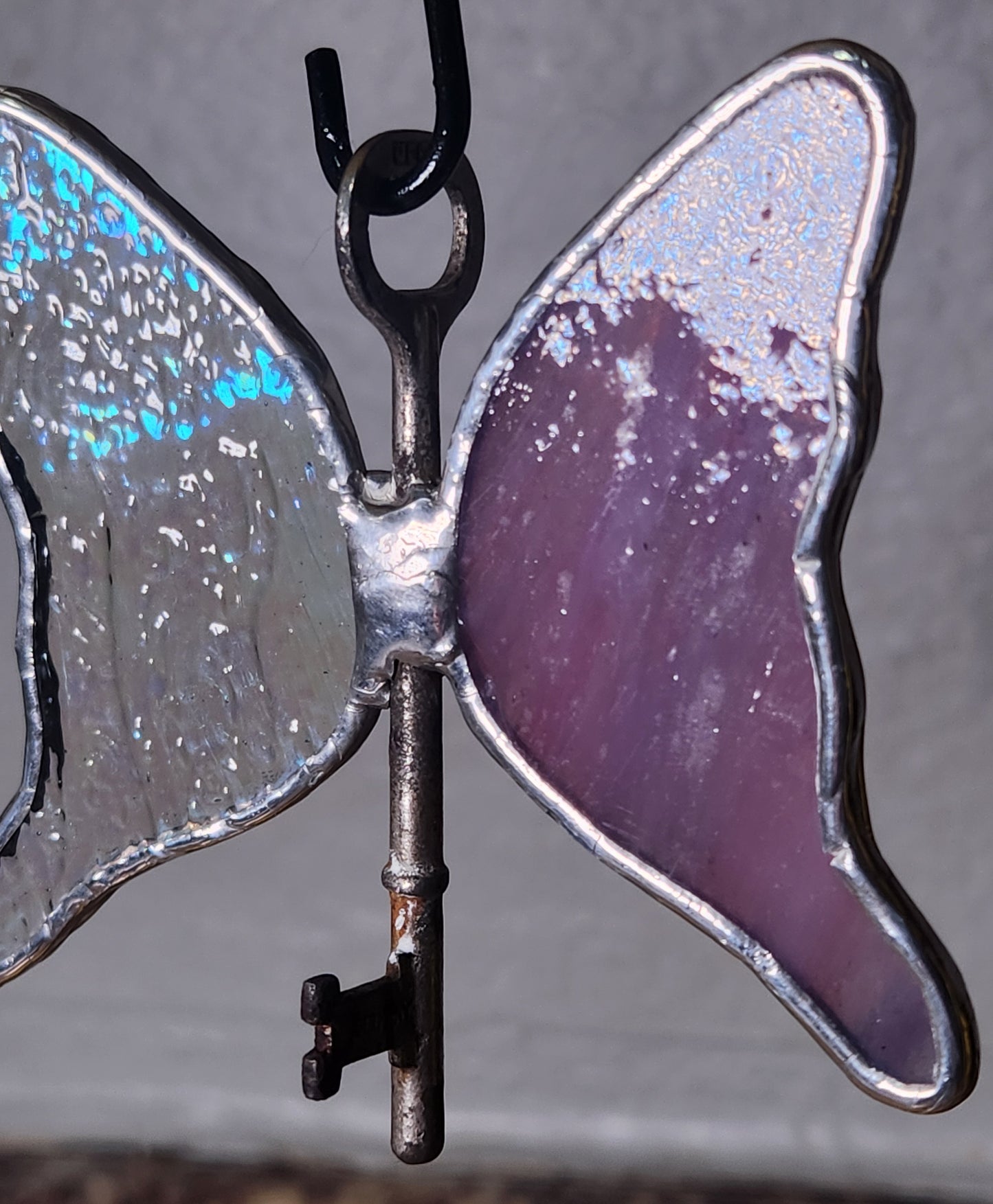 Rainbow Iridescent Crinkle & Purple/Pink Swirls Stained Glass Flying Key