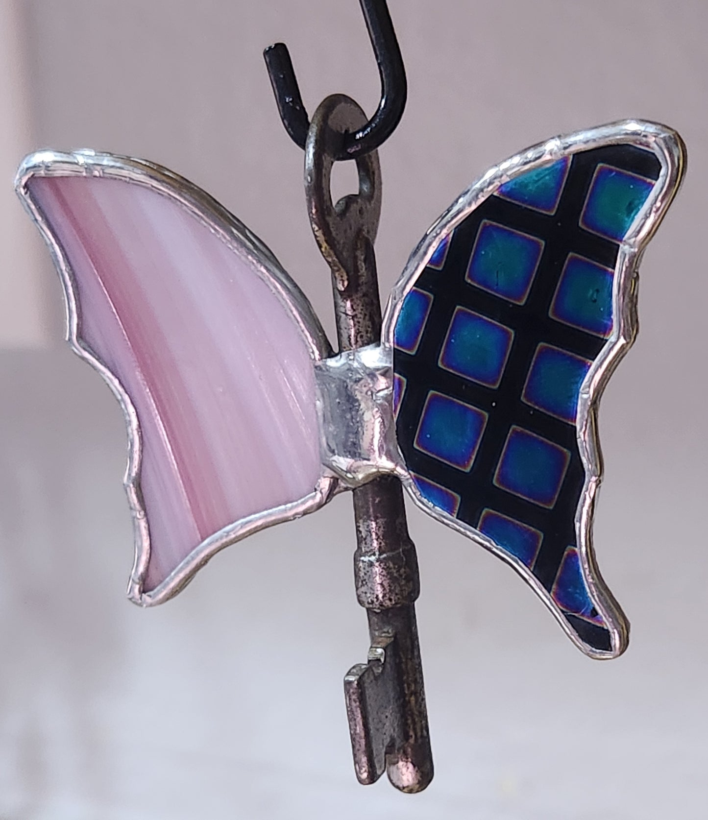 Pink Baroque & Black Dichroic Stained Glass Flying Key