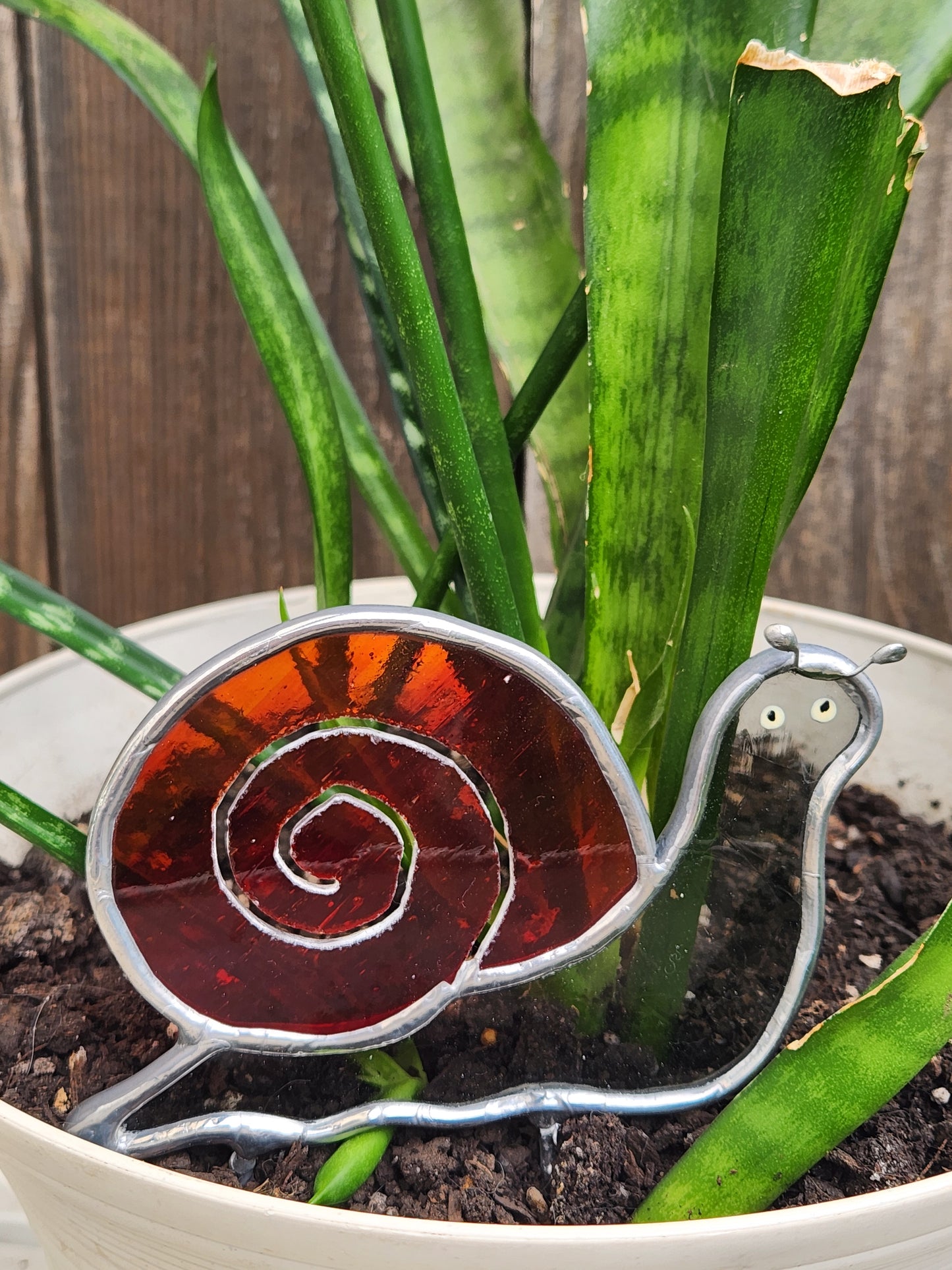 Gray Antique and Red Streaky Stained Glass Snail Plant Stake