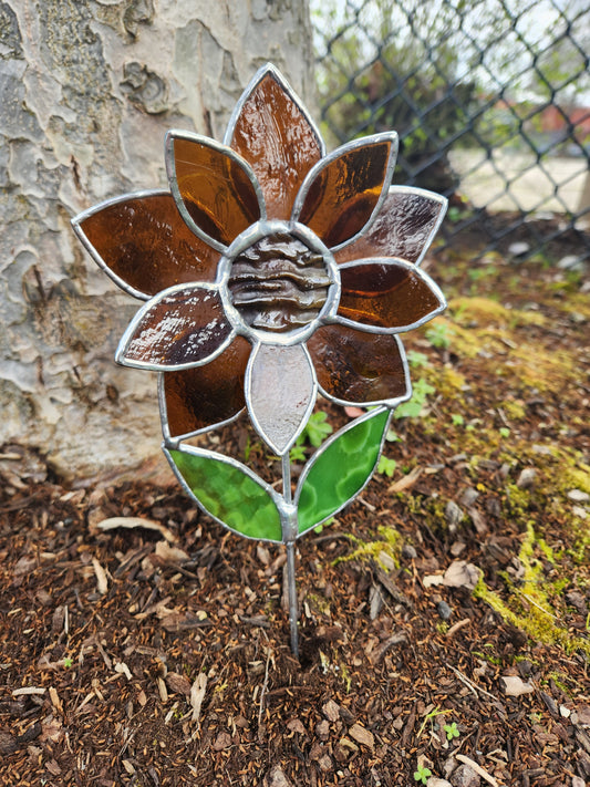 Dark Orange Stained Glass Sunflower Plant Stake with Texture Brown Center