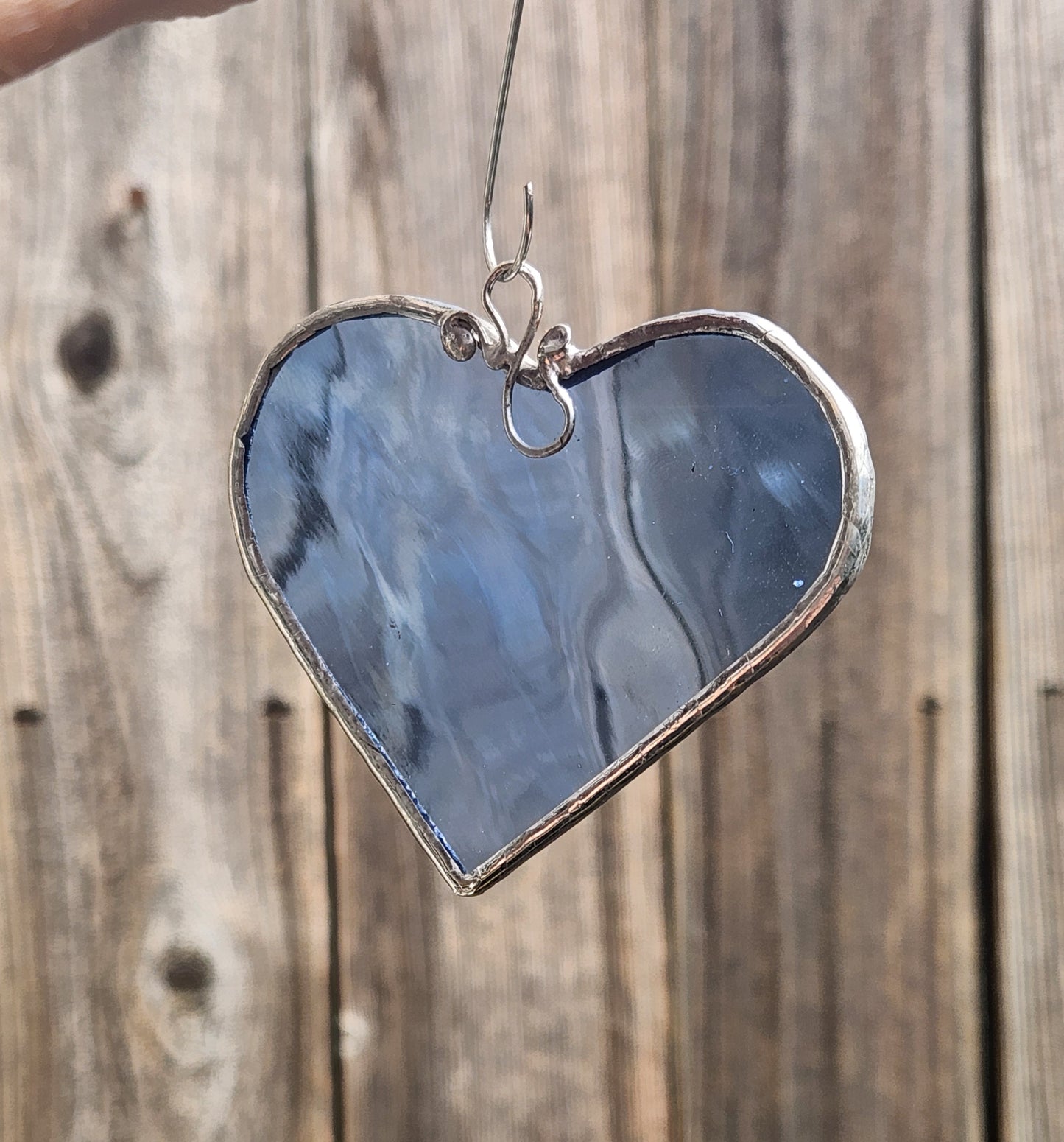 Blue Waterglass Stained Glass Heart with scroll hook