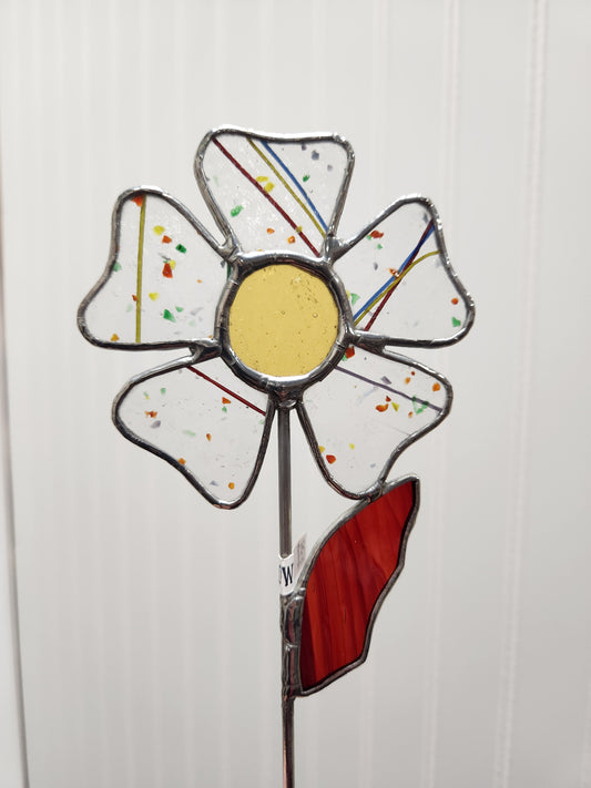Confetti Stained Glass Wavy Flower Plant Stake with Vintage Amber Glass Center