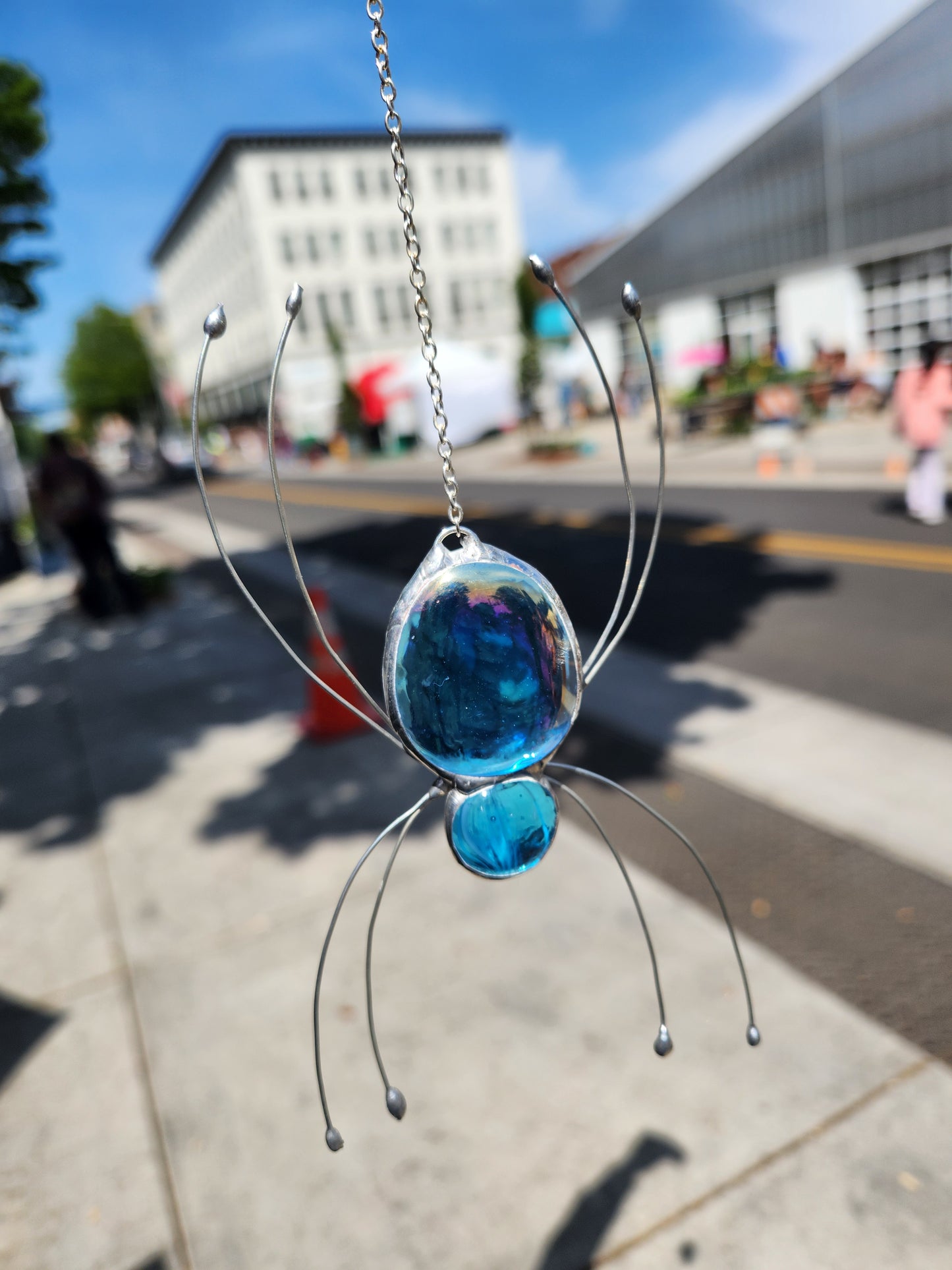 Hanging Light Blue Stained Glass Spider