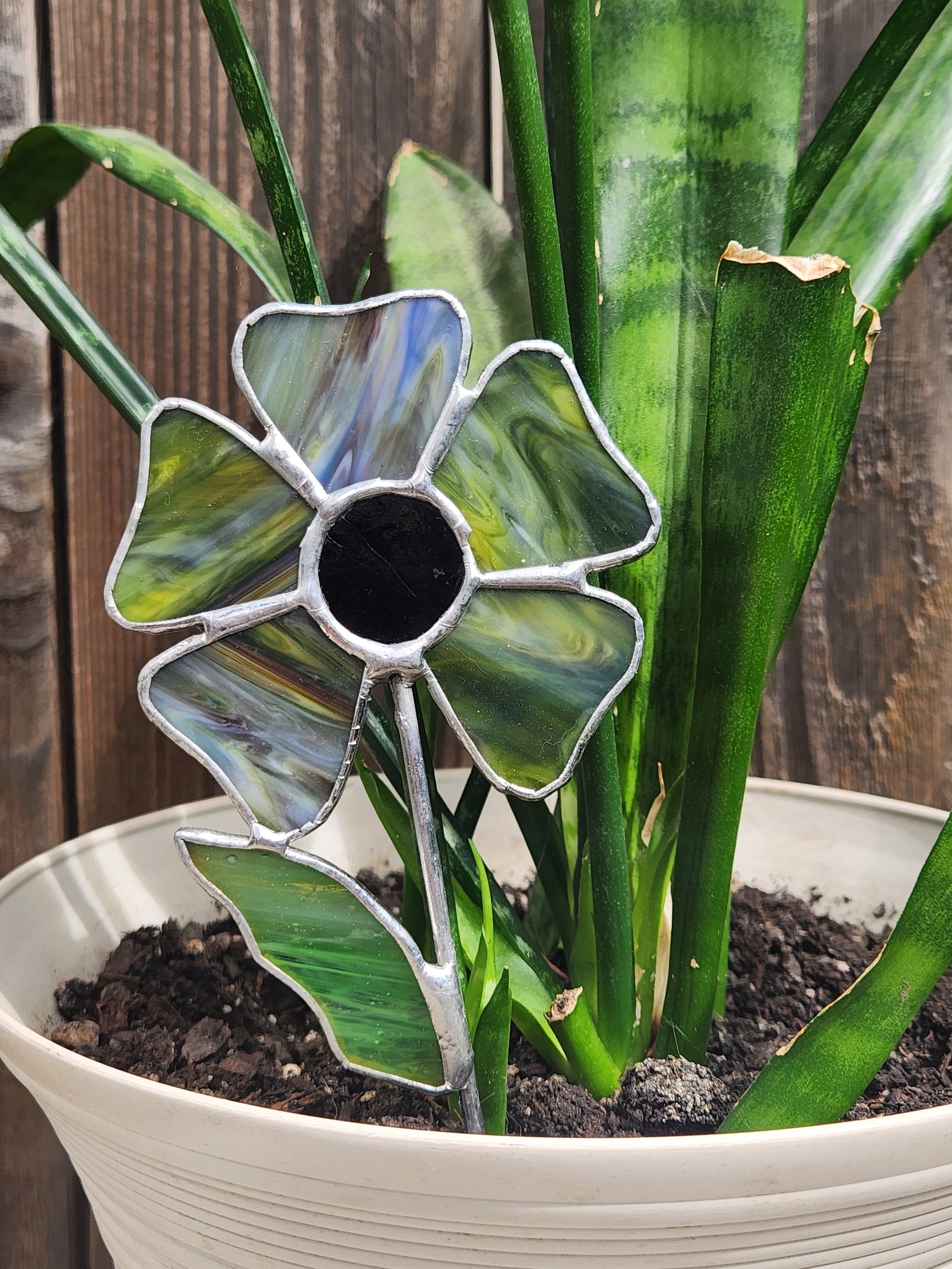 Opaque Green/Blue Streaky Stained Glass Wavy Flower Plant Stake with Dark Purple Glass Center
