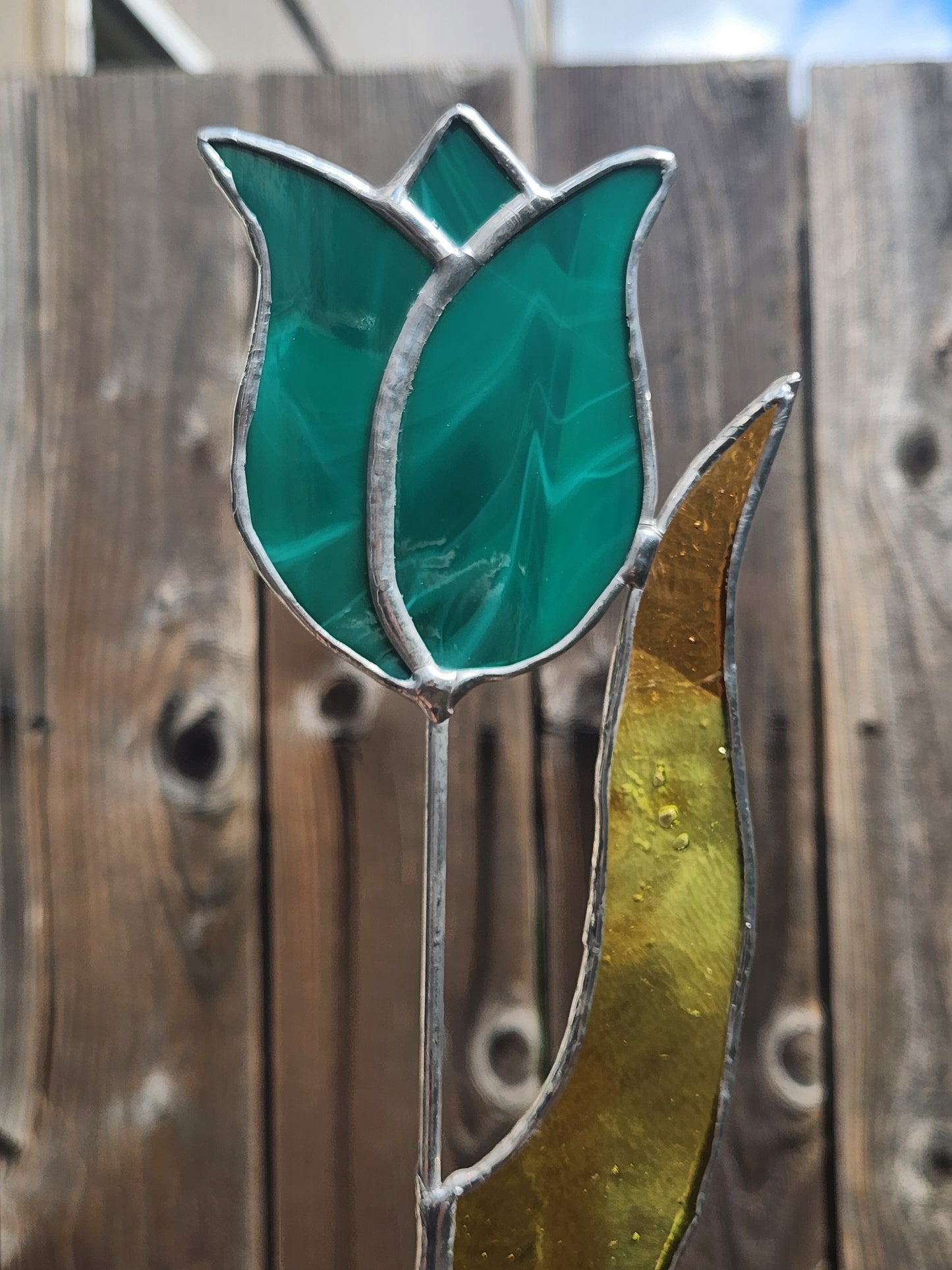Aqua Streaky Tulip with Amber-Green Leaf Stained Glass Plant Stake