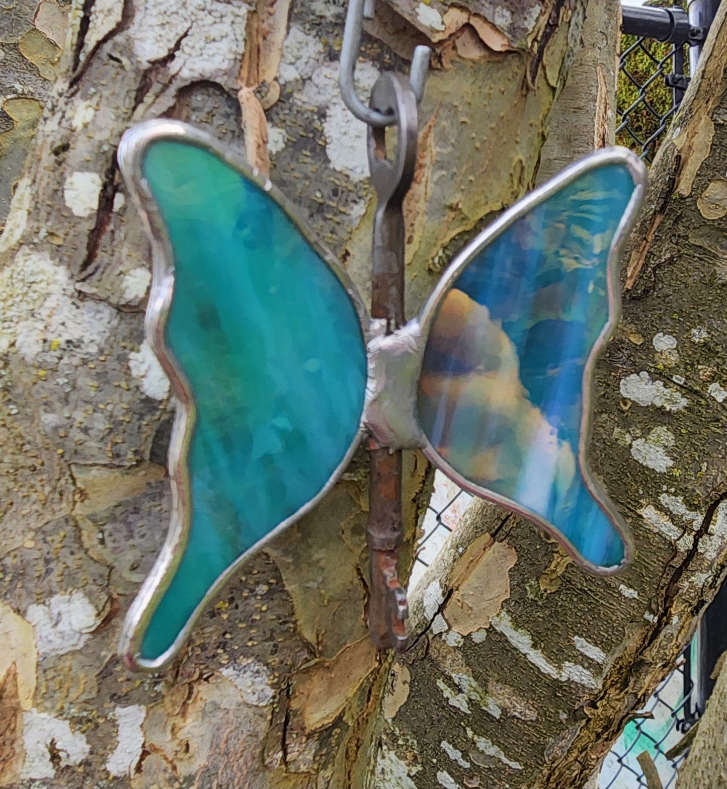 Iridescent Teal Stained Glass Flying Key