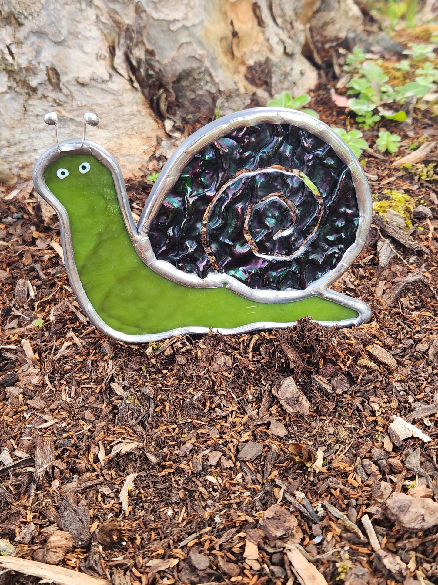 Dark Green & Black Iridescent Textured Stained Glass Snail Plant Stake