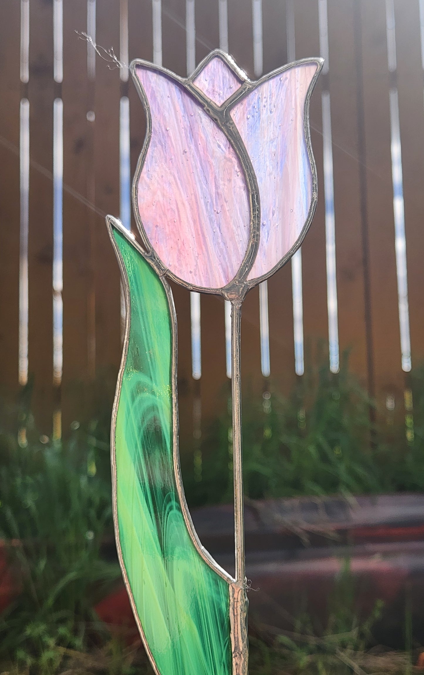 Pink-Purple Streaky Tulip with Green Streaky Leaf Stained Glass Plant Stake