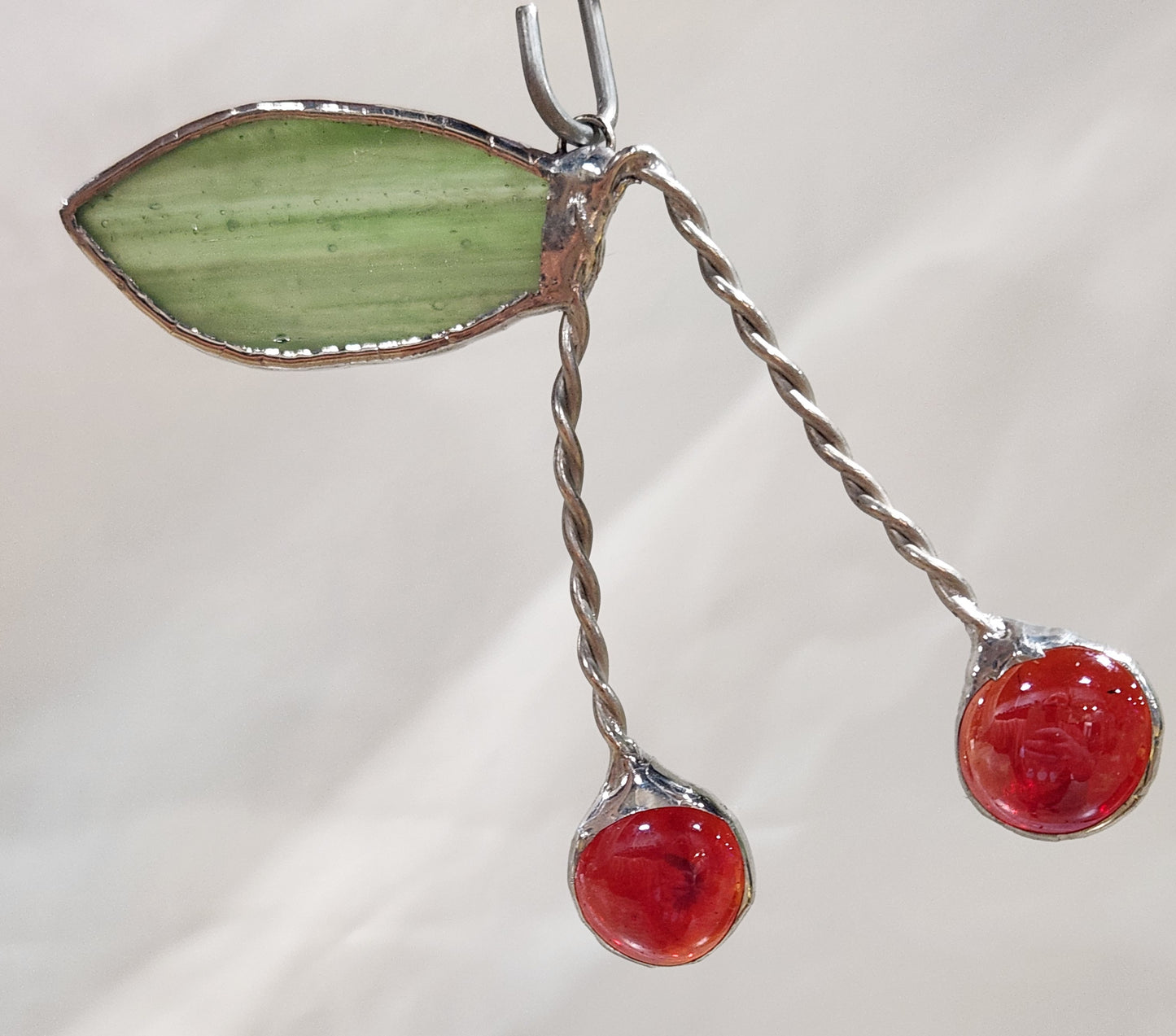 Cherry Nugget Glass with Green Wispy Leaf Stained Glass