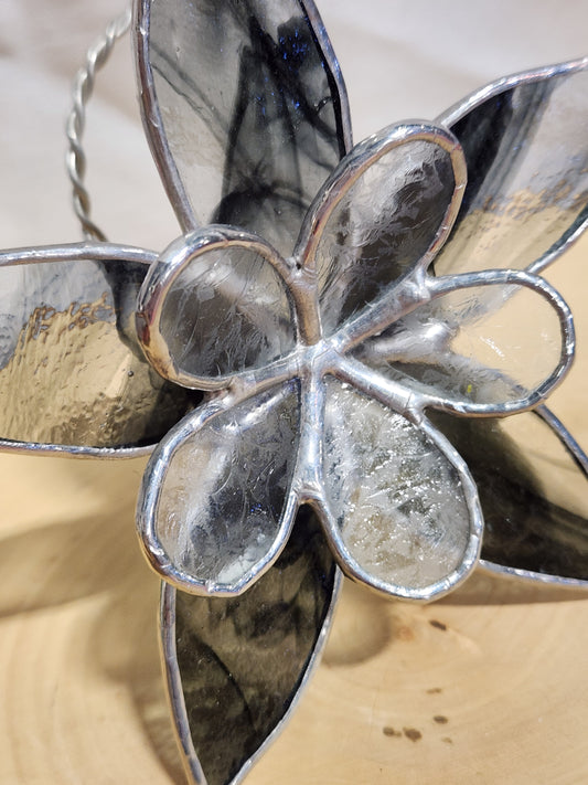 Black & Clear Streaky Textured Glass and Ice Flake Stained Glass Table Flower