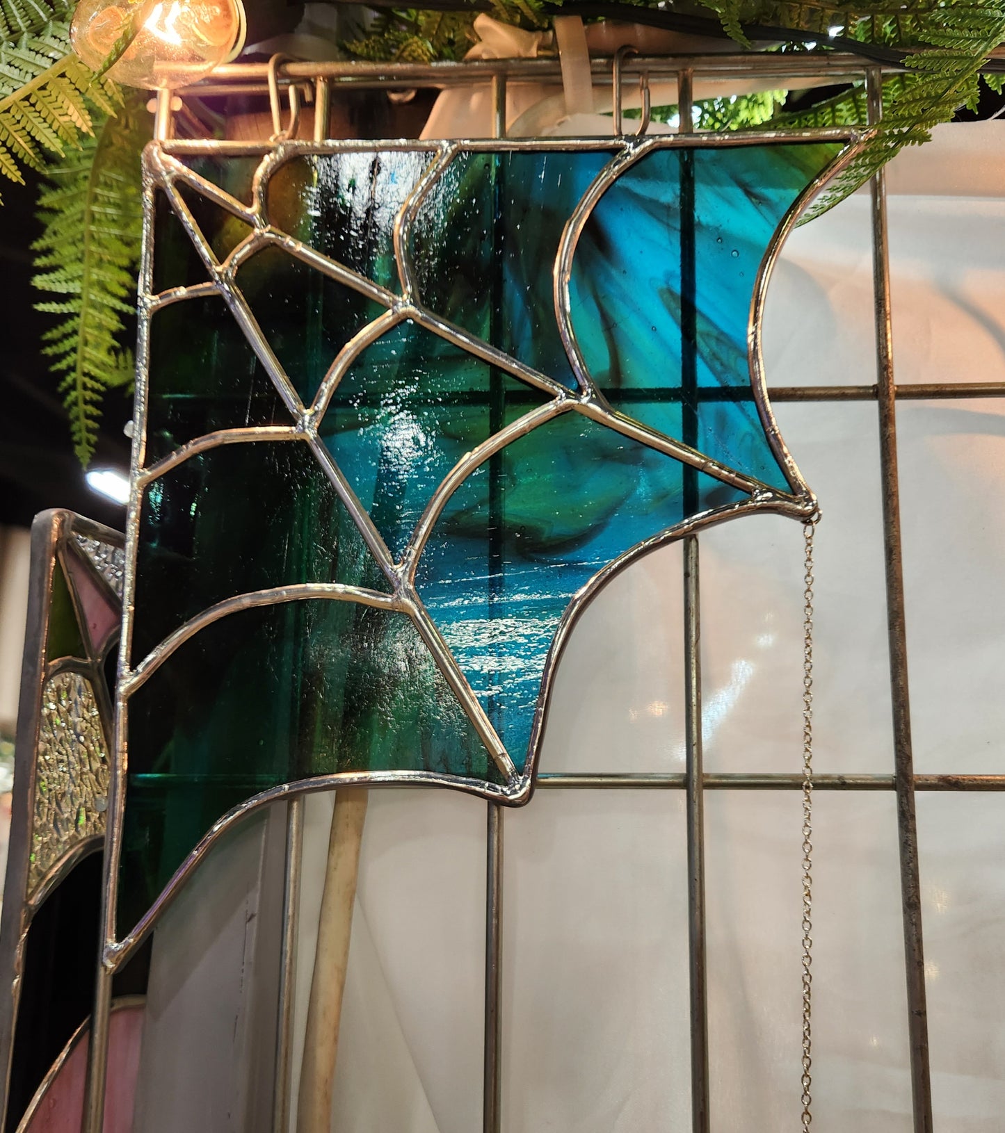 Caribbean Blue-Green Stained Glass Spiderweb with Hanging Spider