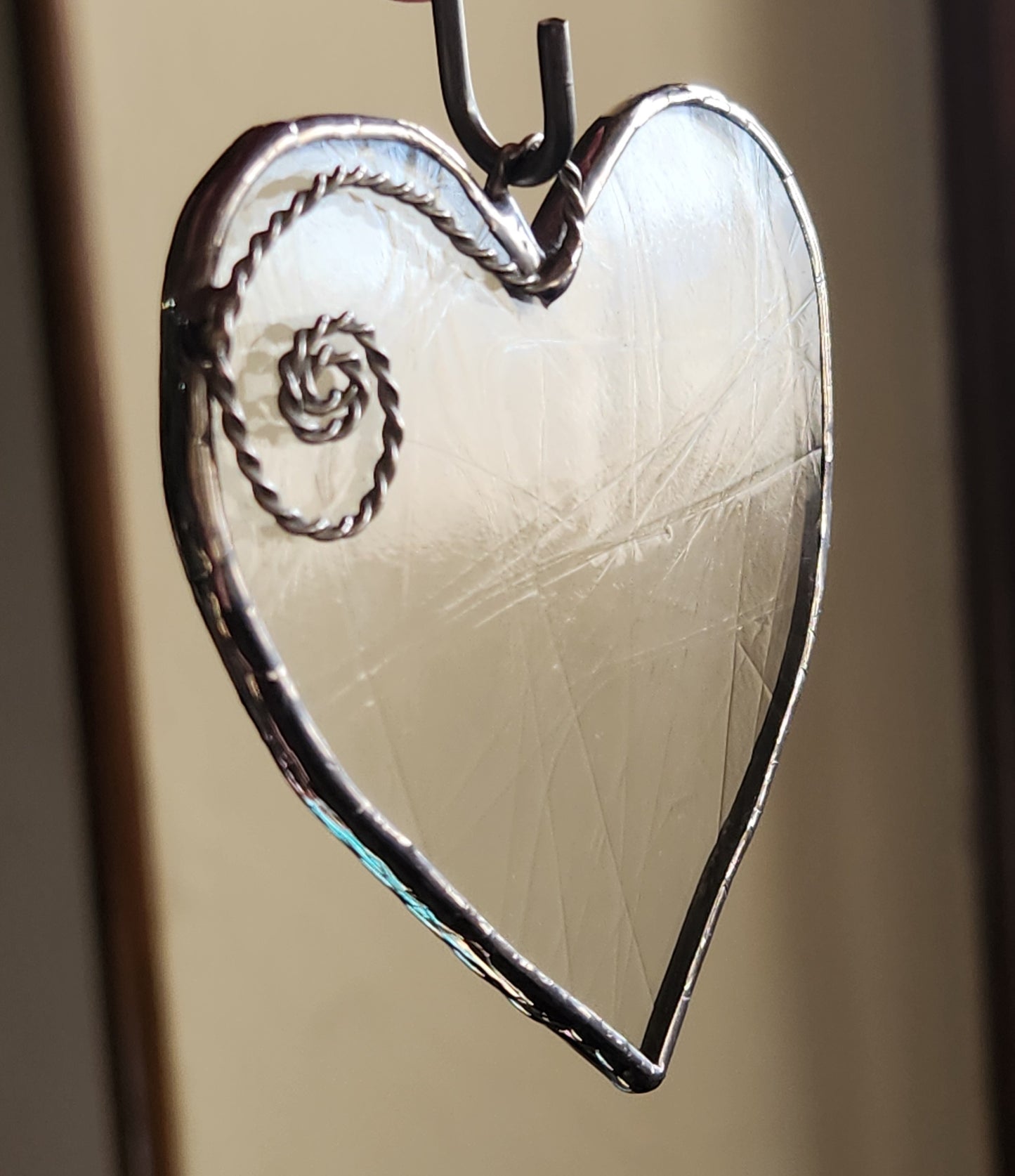Clear Antique Stained Glass Heart with Scroll Accent