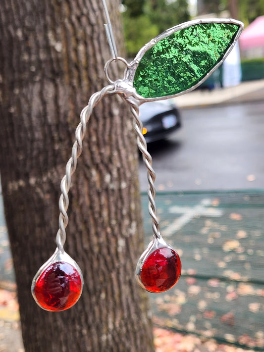 Cherry Nugget Glass with Green Waterfall Leaf Stained Glass