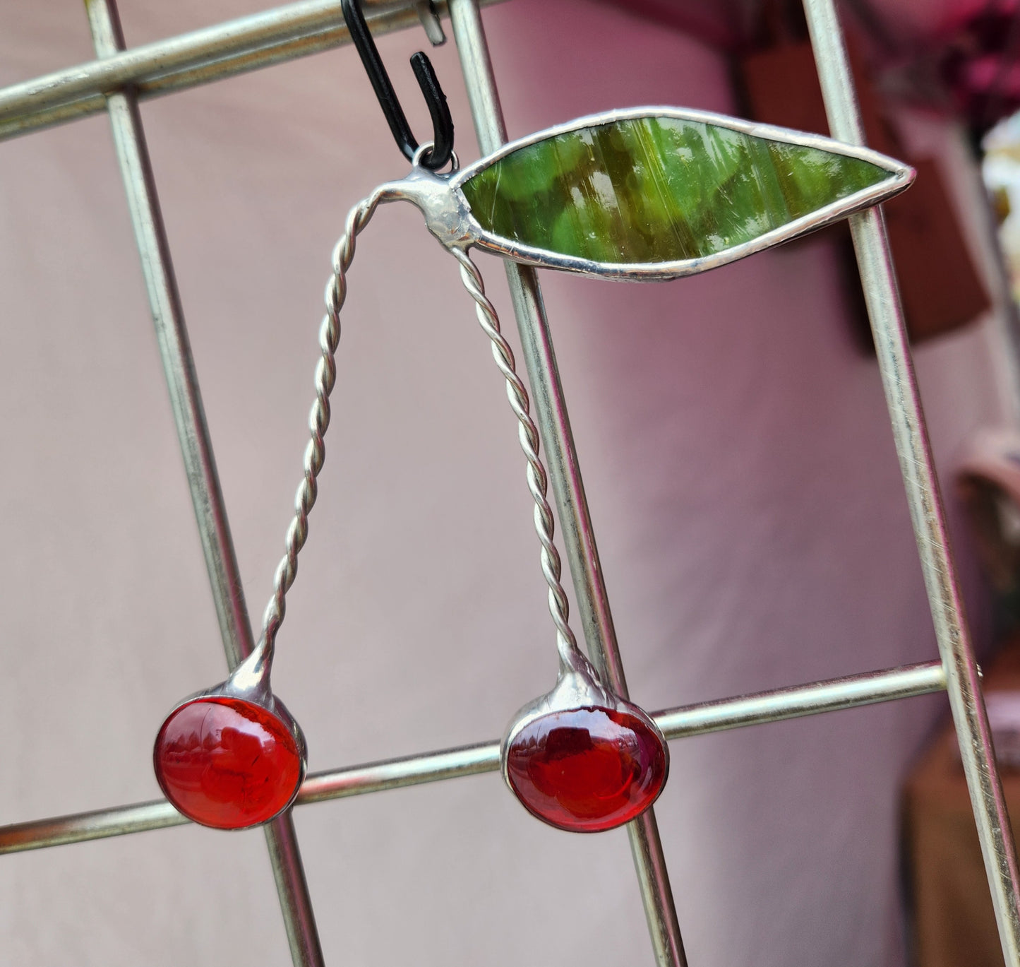 Cherries Made from Nugget Glass with Dark Green Mottled Stained Glass Leaf