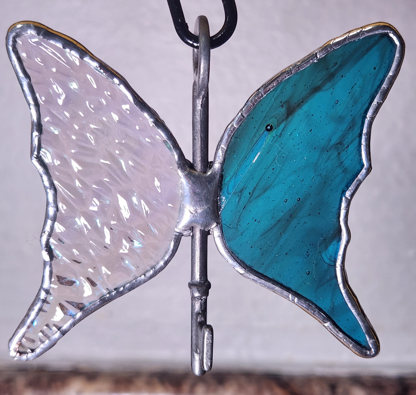 Rainbow Iridescent Textured & Deep Blue-Green Stained Glass Flying Key