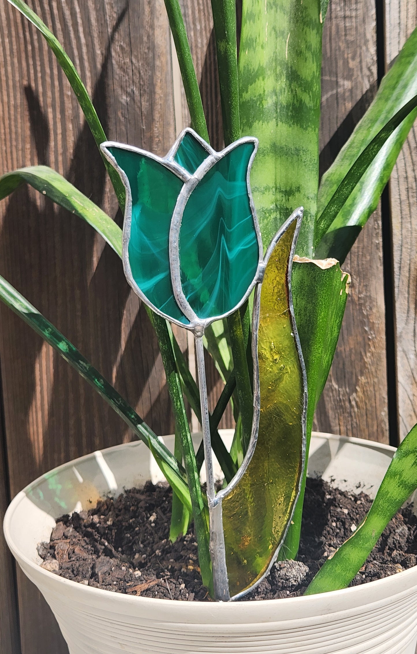 Aqua Streaky Tulip with Amber-Green Leaf Stained Glass Plant Stake