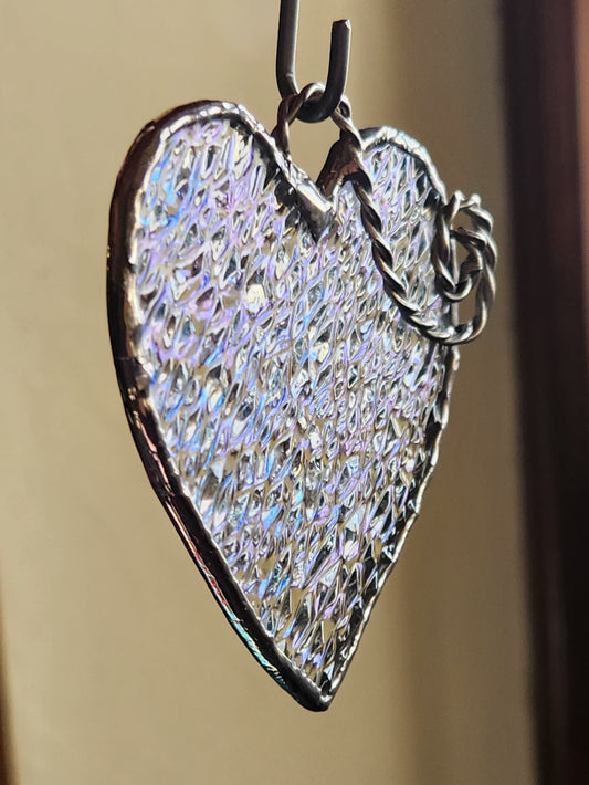 Rainbow Iridescent Textured Stained Glass Heart with Scroll Accent