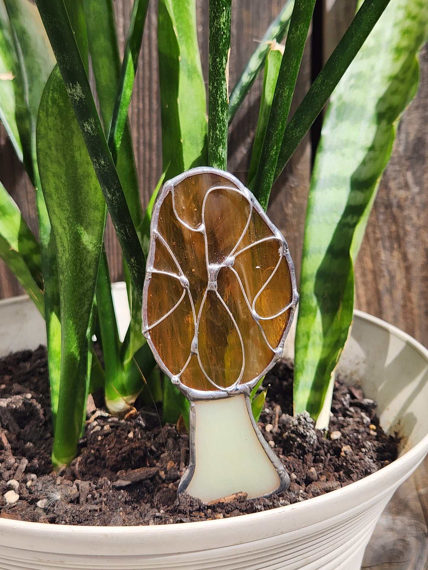 Life-Sized Morel Mushroom Stained Glass Plant Stake