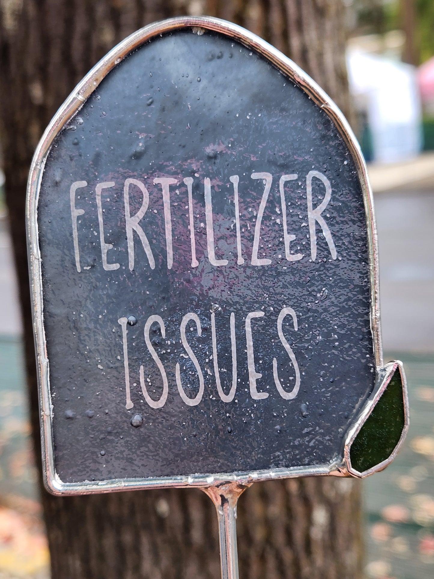 Gray "Fertilizer Issues" Headstone Stained Glass Plant Stake