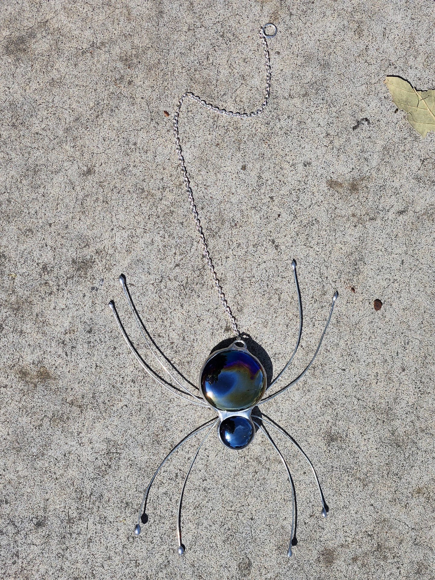 Hanging Black Iridescent Stained Glass Spider