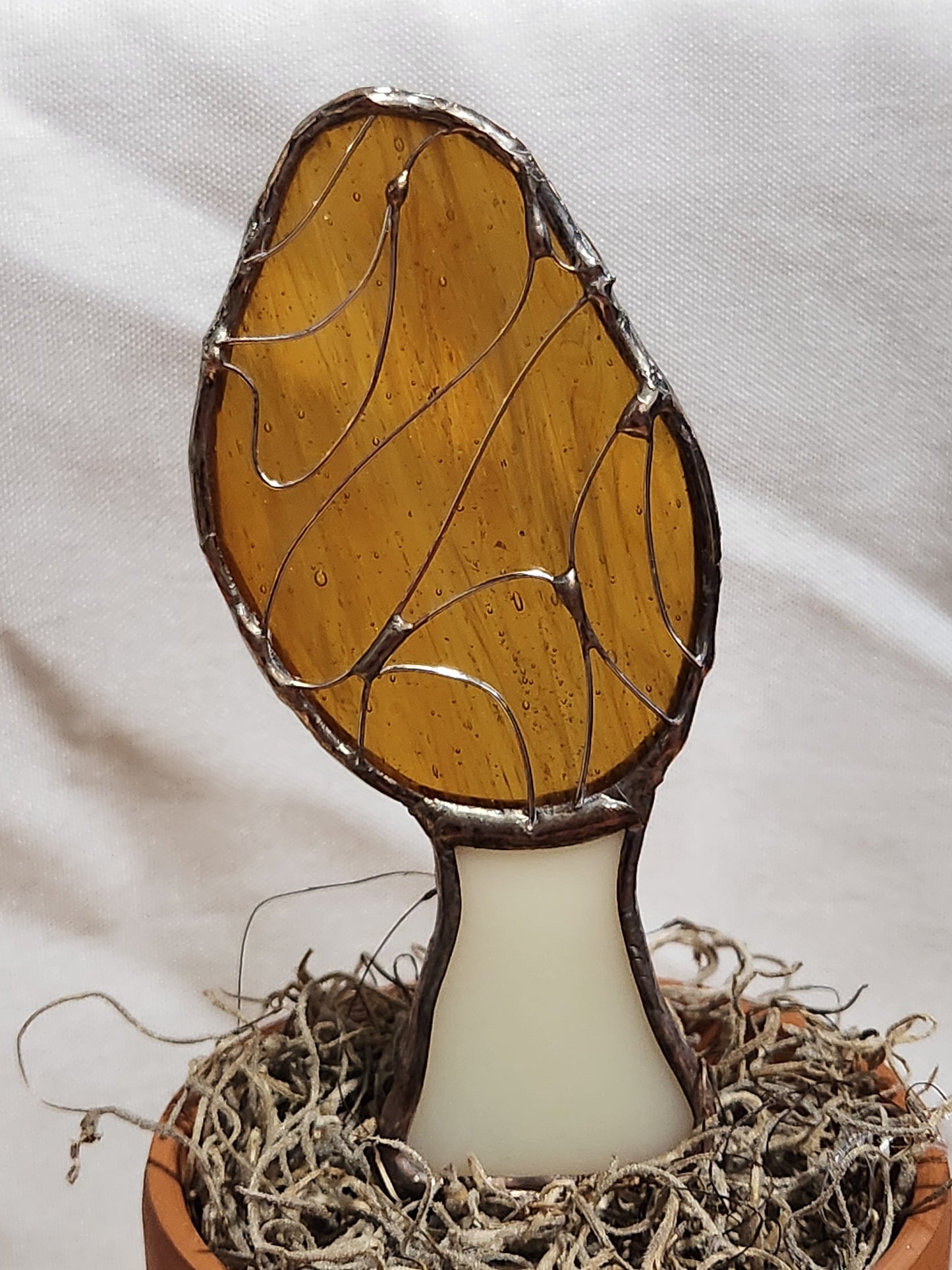 Life-Sized Morel Mushroom Stained Glass Plant Stake - Cooper Patina