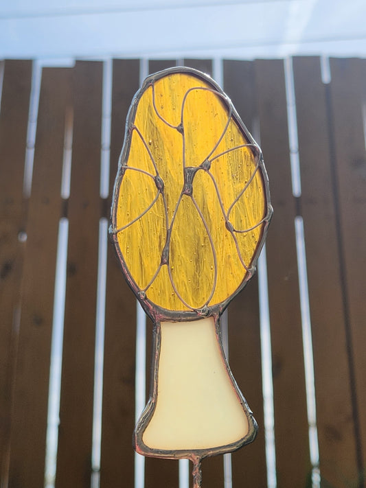 Life-Sized Morel Mushroom Stained Glass Plant Stake