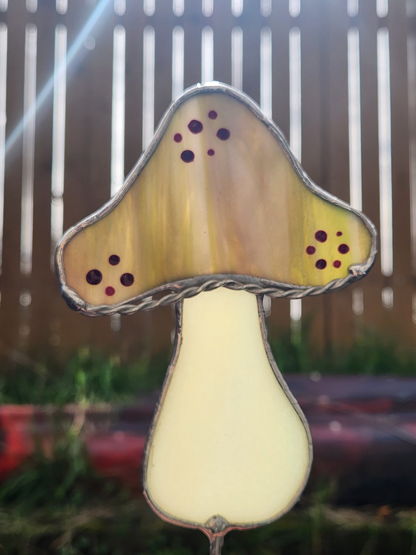 Vintage Green & Purple Mushroom Stained Glass Plant Stake