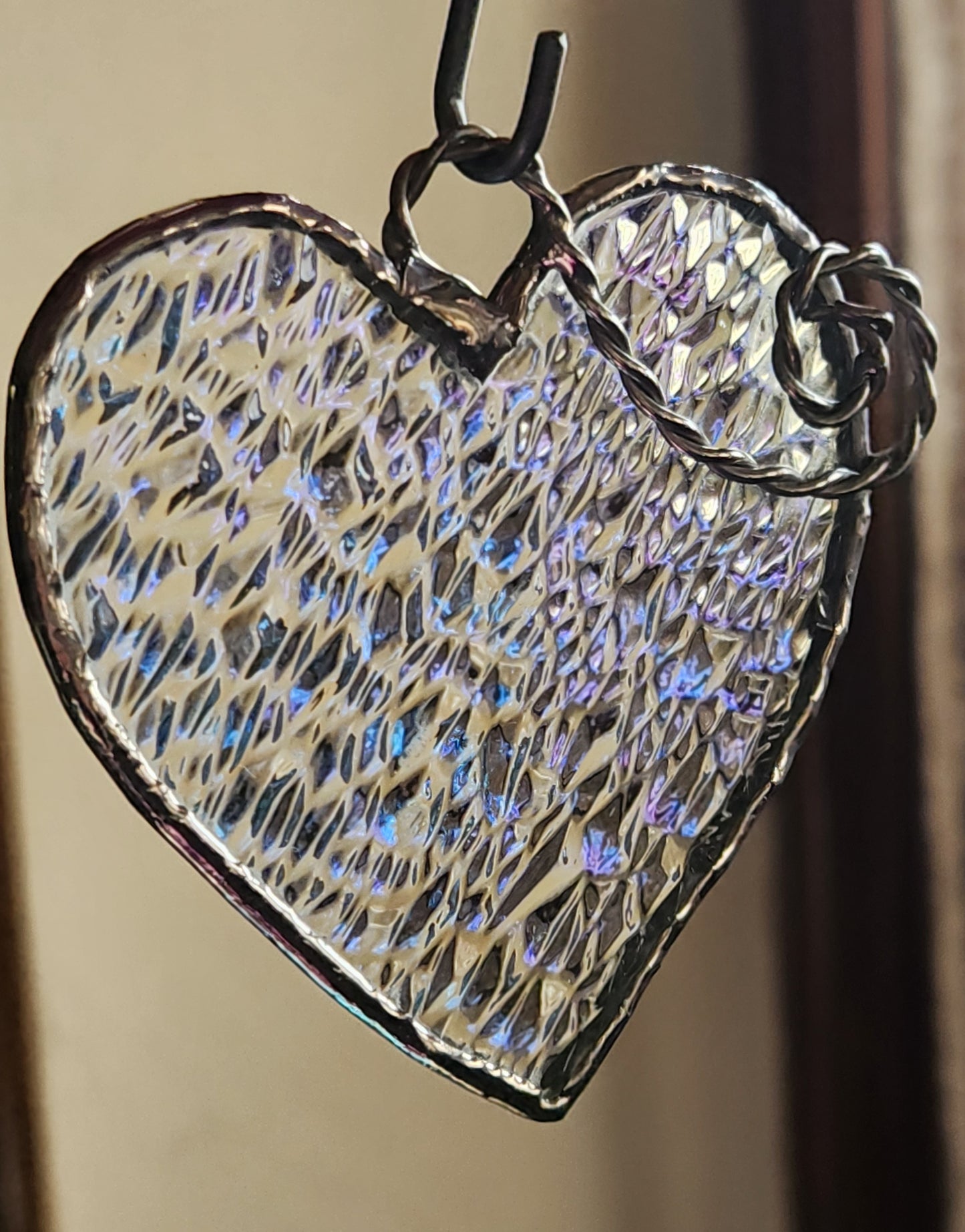 Rainbow Iridescent Textured Stained Glass Heart with Scroll Accent