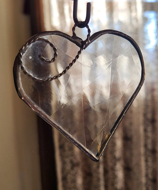 Clear Antique Stained Glass Heart with Scroll Accent