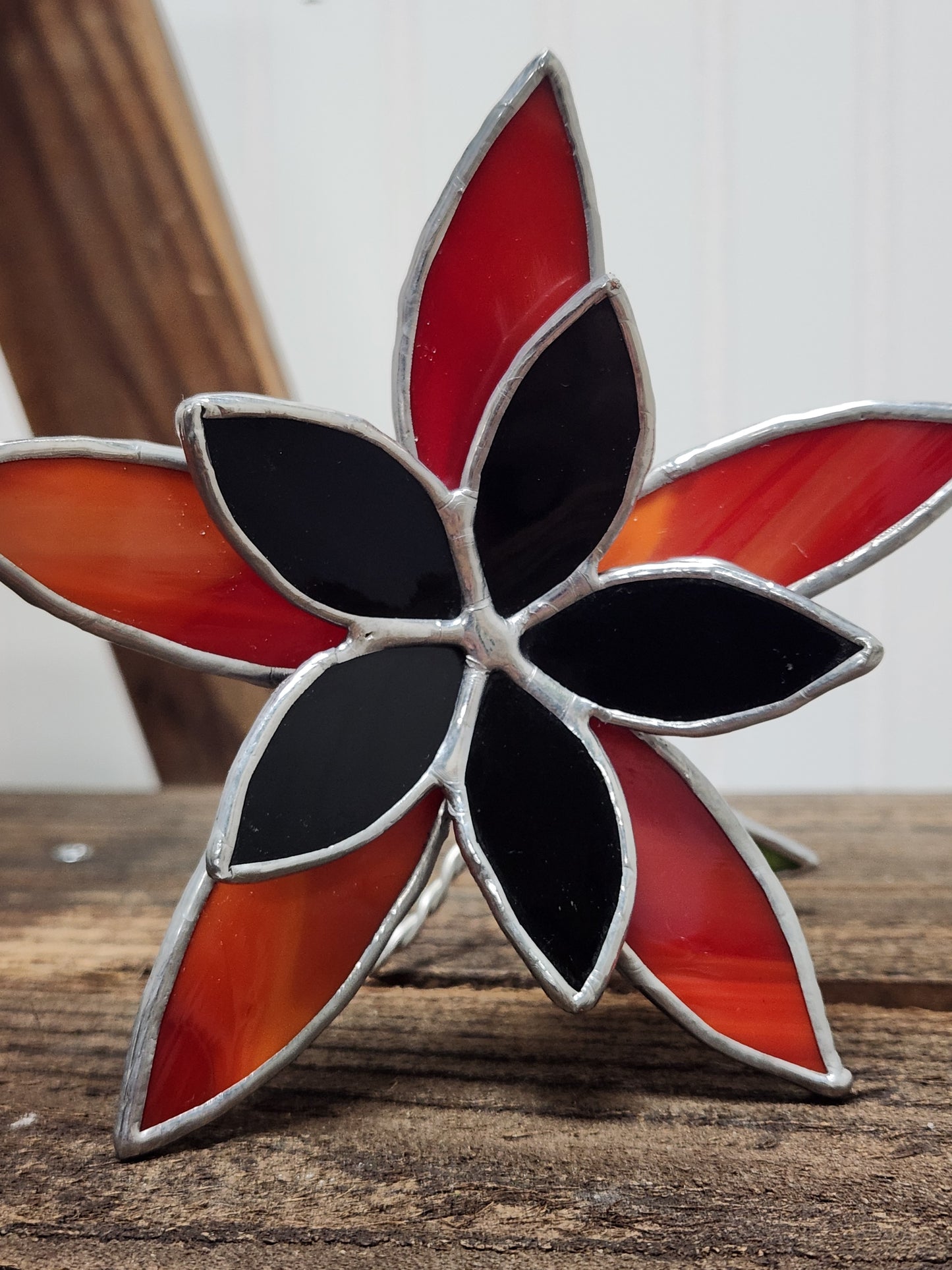 Red-Orange Streaky Glass and Black Waterglass Stained Glass Table Flower