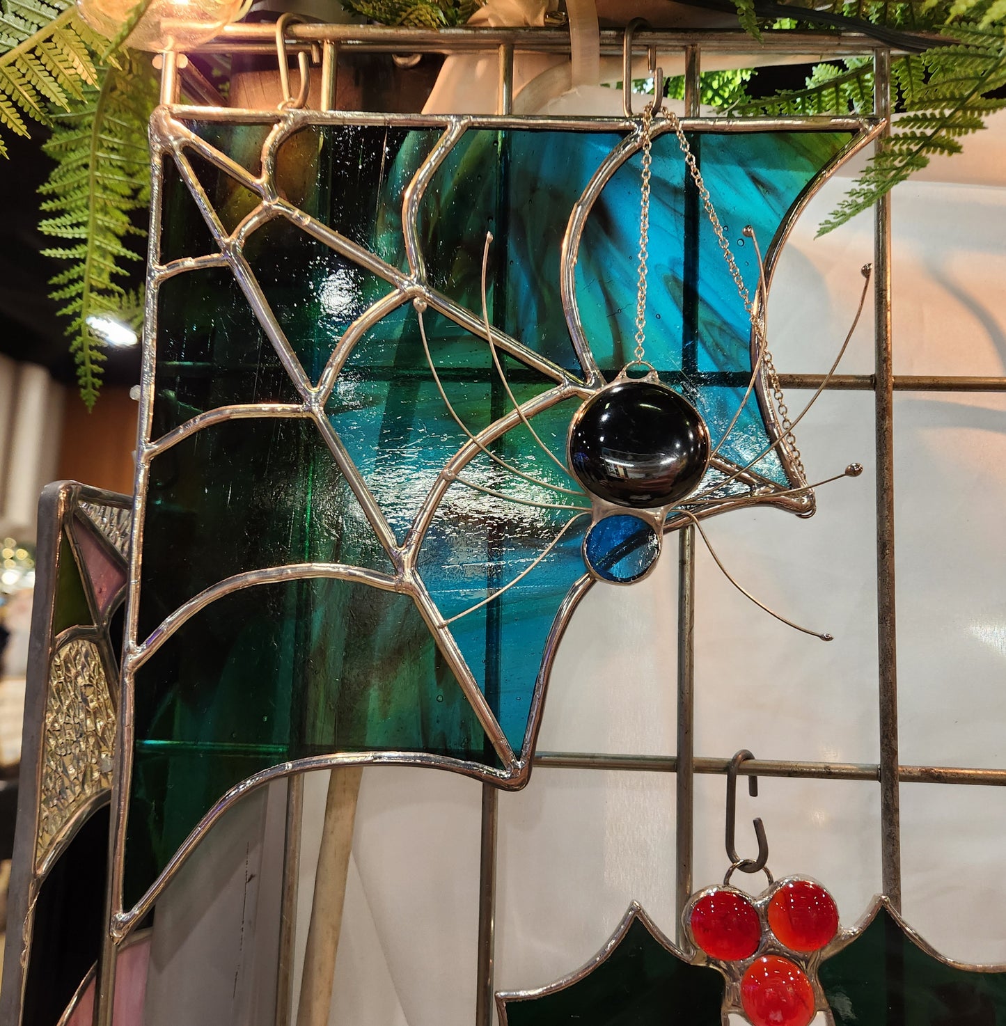 Caribbean Blue-Green Stained Glass Spiderweb with Hanging Spider