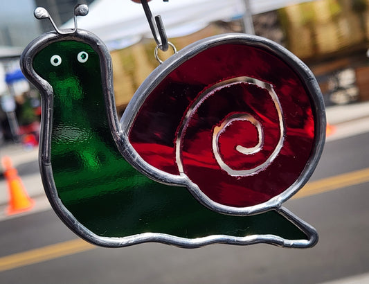 Green & Red Waterglass Stained Glass Hanging Snail