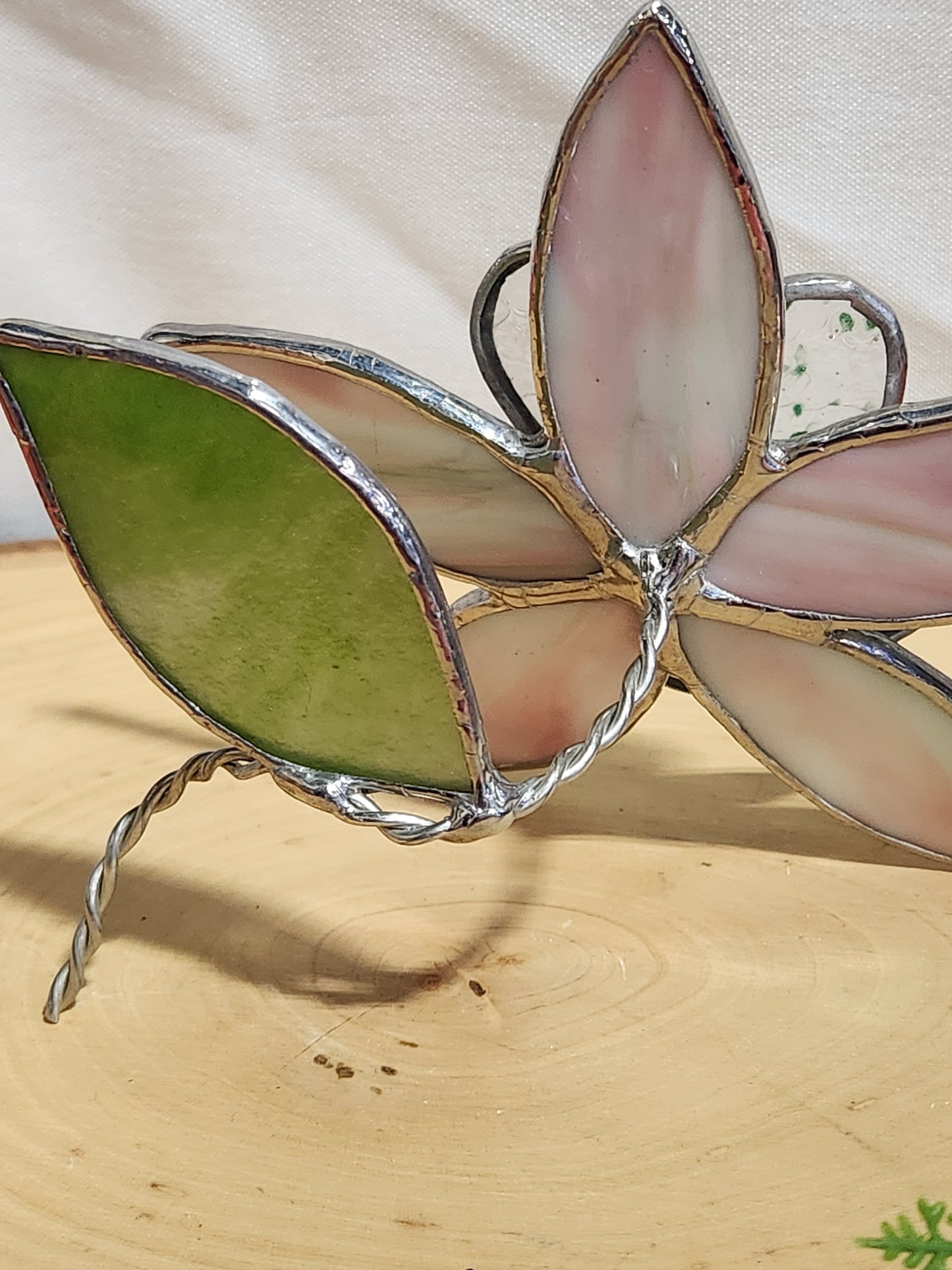 Pink & Green Streaky Glass with Green Confetti Stained Glass Table Flower
