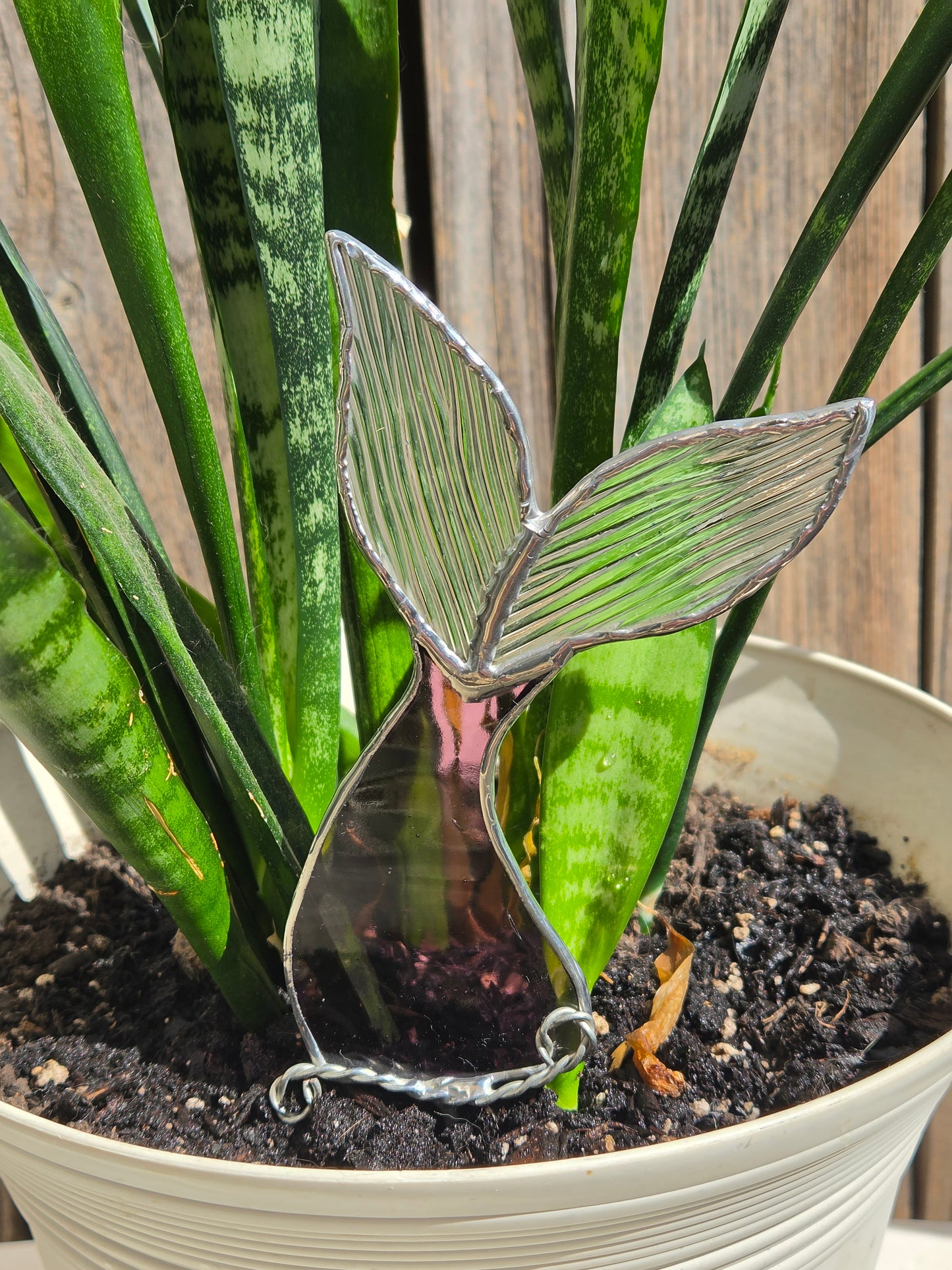 Deep Purple & Clear Reeded Stained Glass Mermaid Tail Plant Stake