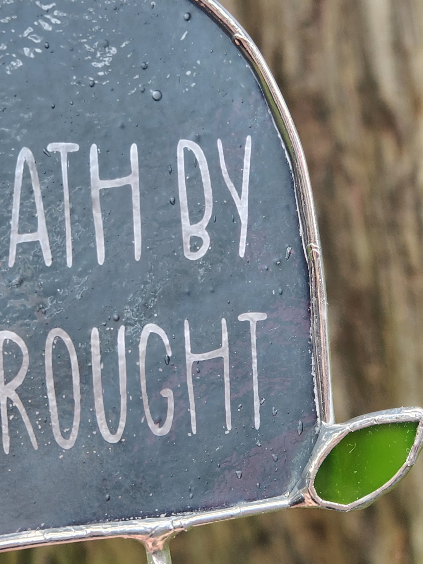 Gray "Death By Drought" Headstone Stained Glass Plant Stake