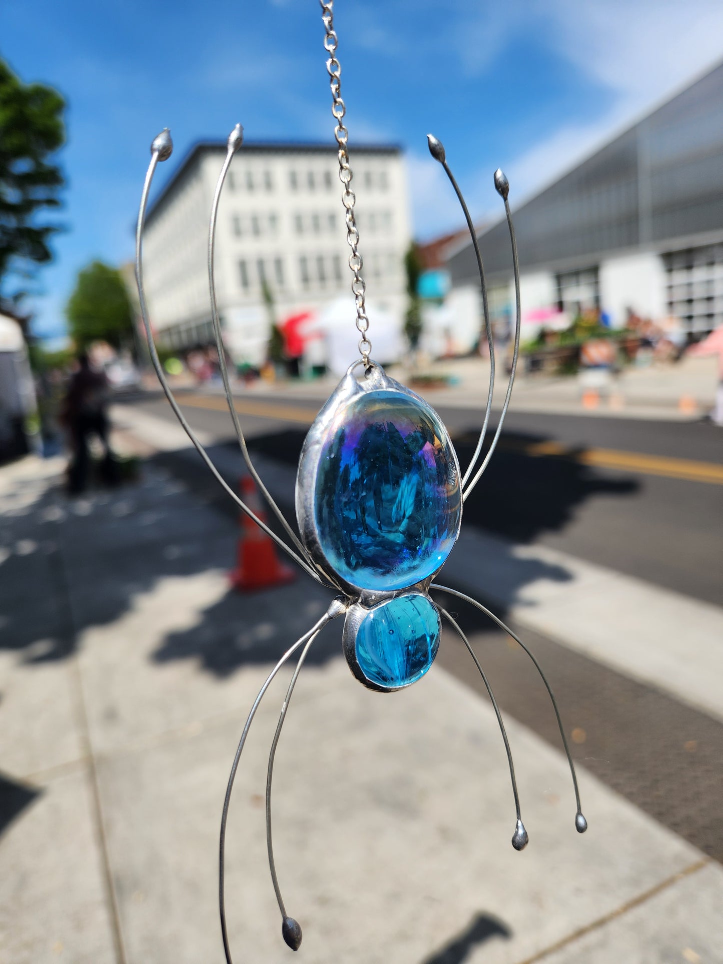 Hanging Light Blue Stained Glass Spider